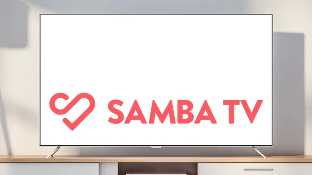 ALT Text: a plain background with the logo and brand name SAMBA TV displayed on the tv with white  behind it.